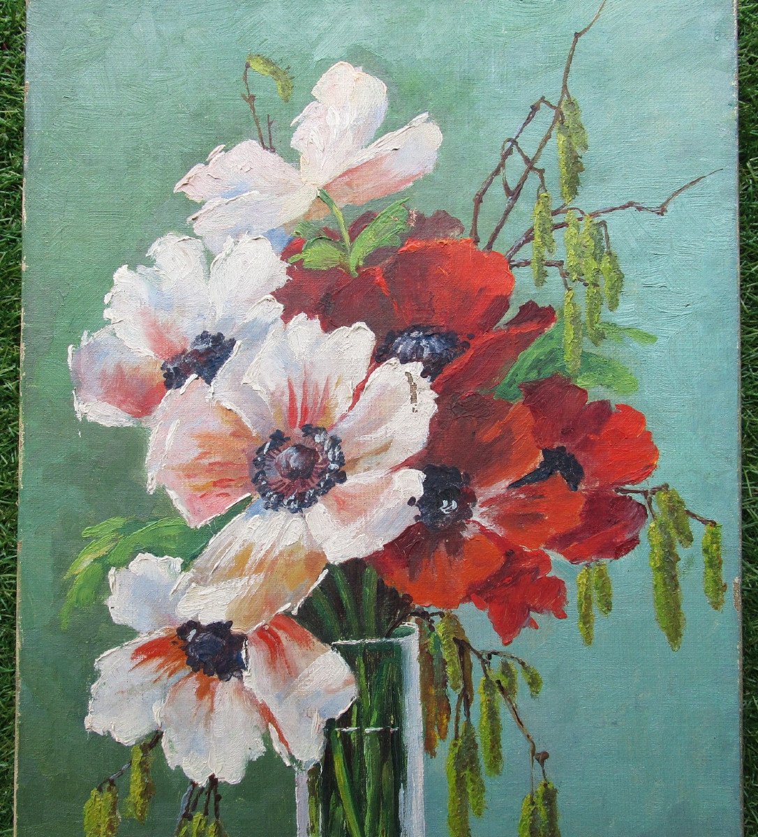 Antique Very Beautiful Signed Painting, Bouquet Of Flowers, Poppies, Poppies, Art Nouveau, 1908.-photo-3