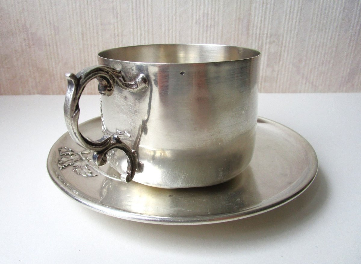 Très Belle Tasse à Chocolat Art Nouveau En Argent Massif Minerve à Décor De Houx 254 Grammes.-photo-4