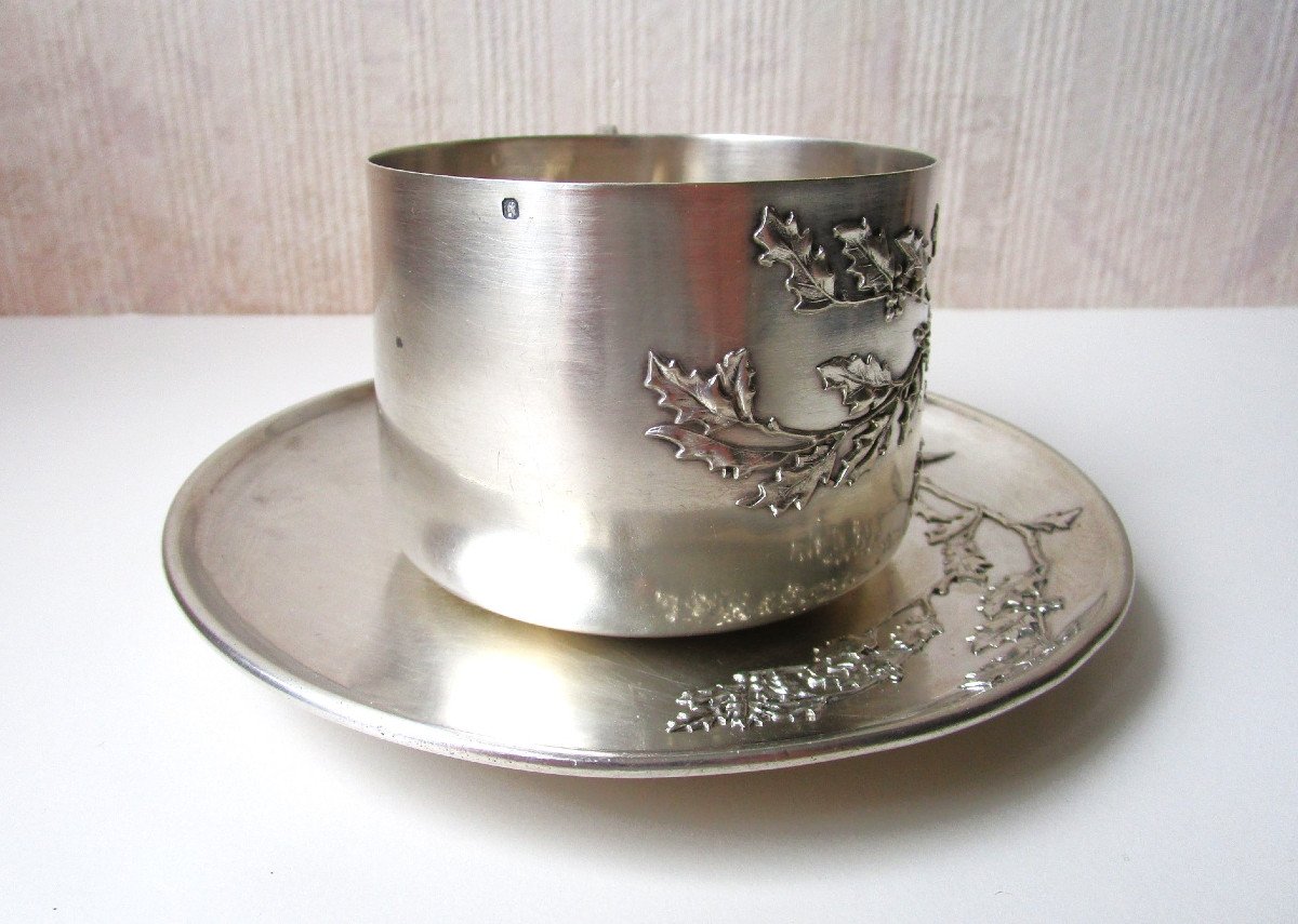 Très Belle Tasse à Chocolat Art Nouveau En Argent Massif Minerve à Décor De Houx 254 Grammes.-photo-2