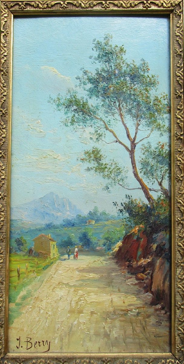 Very Beautiful Oil On Wood, Provençal Landscape Signed Berry, Framed Painting Circa 1880-1900.-photo-2