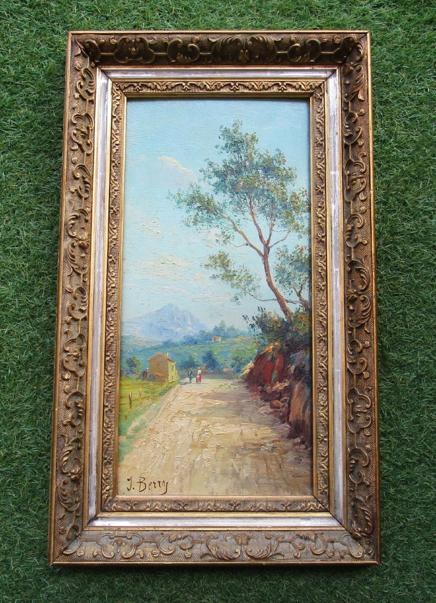 Very Beautiful Oil On Wood, Provençal Landscape Signed Berry, Framed Painting Circa 1880-1900.