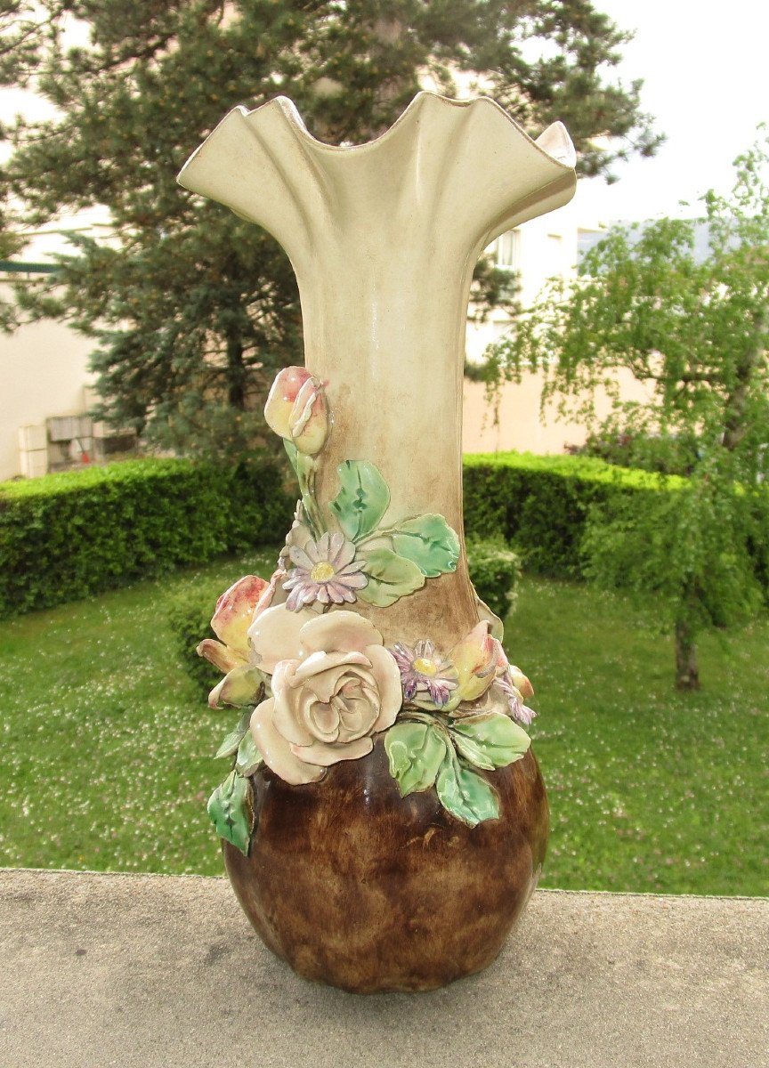 Antique Beautiful 19th Century Vase In Barbotine From Longchamp Decorated With Flowers Small Missings Sold As Is.-photo-2