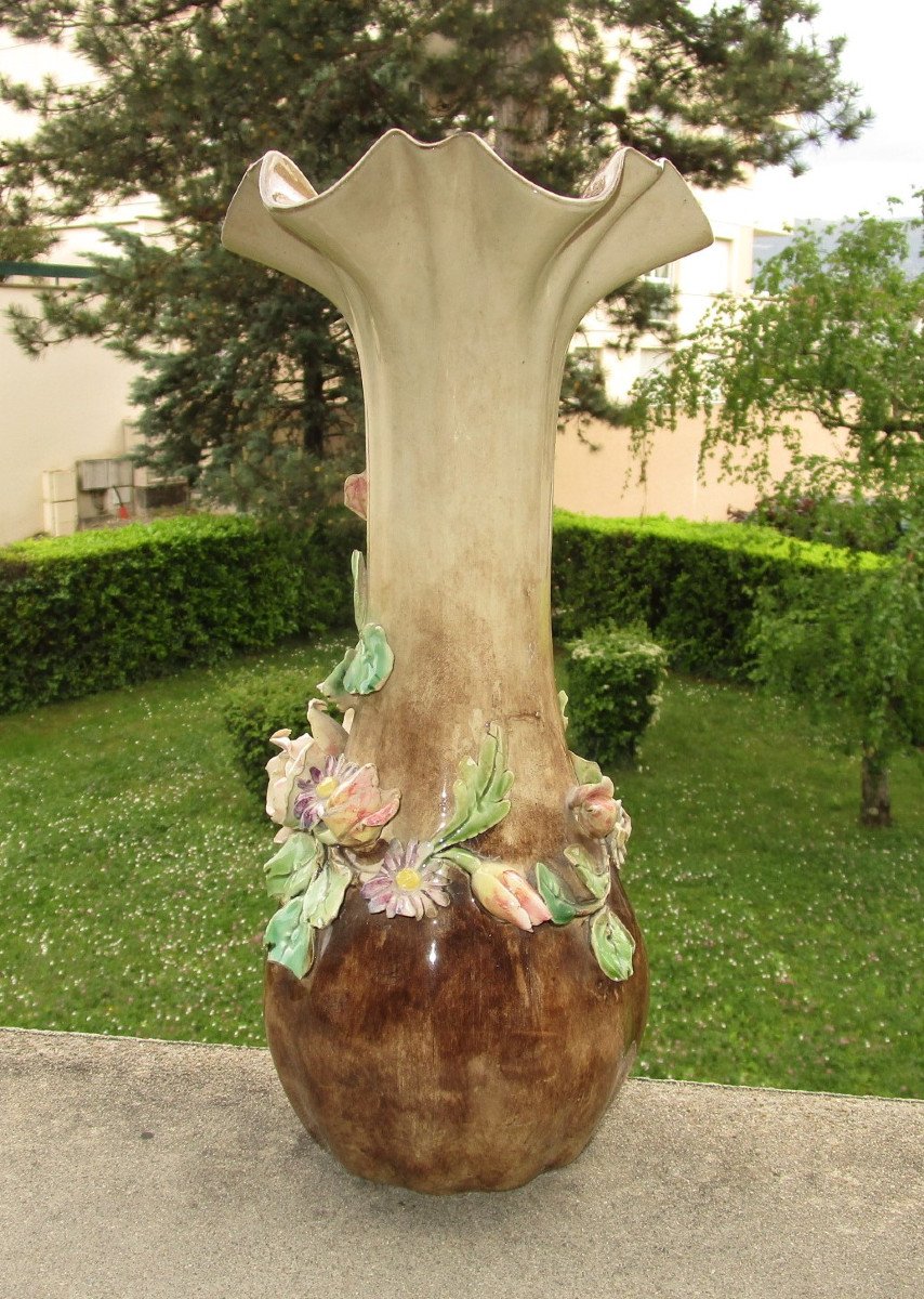 Antique Beautiful 19th Century Vase In Barbotine From Longchamp Decorated With Flowers Small Missings Sold As Is.-photo-3