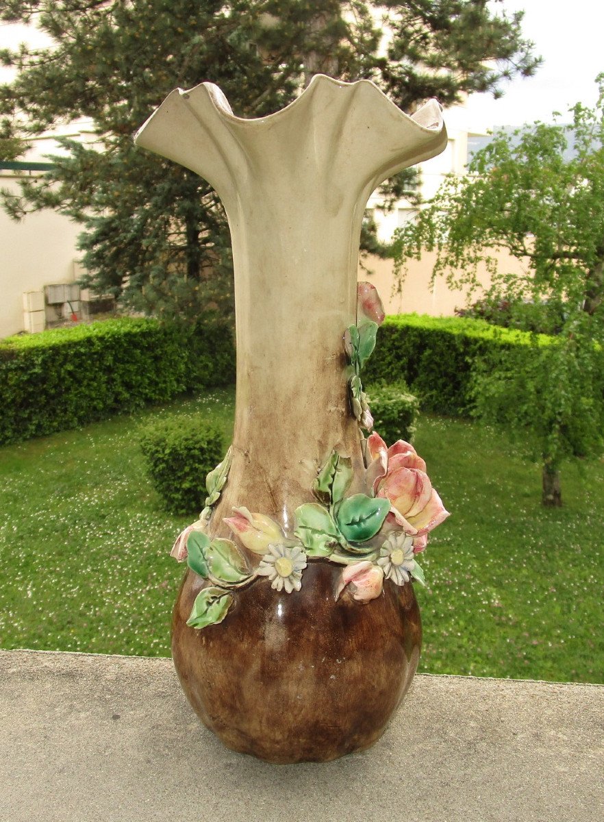 Antique Beautiful 19th Century Vase In Barbotine From Longchamp Decorated With Flowers Small Missings Sold As Is.-photo-4