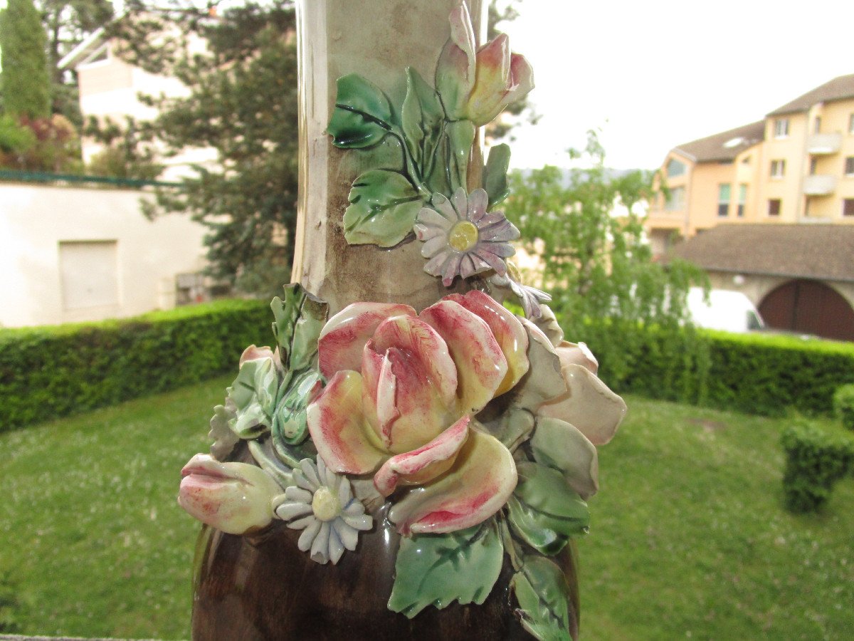 Antique Beautiful 19th Century Vase In Barbotine From Longchamp Decorated With Flowers Small Missings Sold As Is.-photo-3