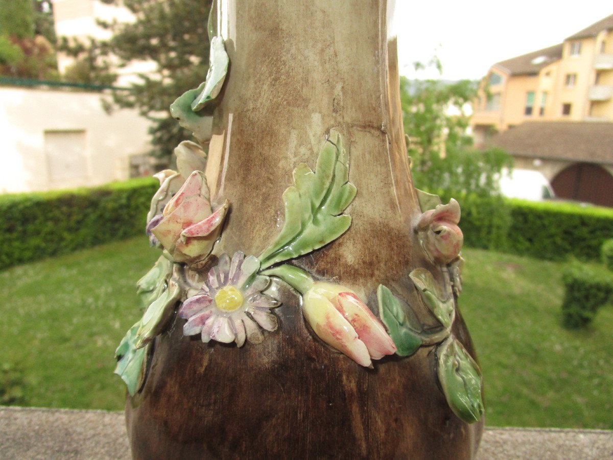 Antique Beautiful 19th Century Vase In Barbotine From Longchamp Decorated With Flowers Small Missings Sold As Is.-photo-5