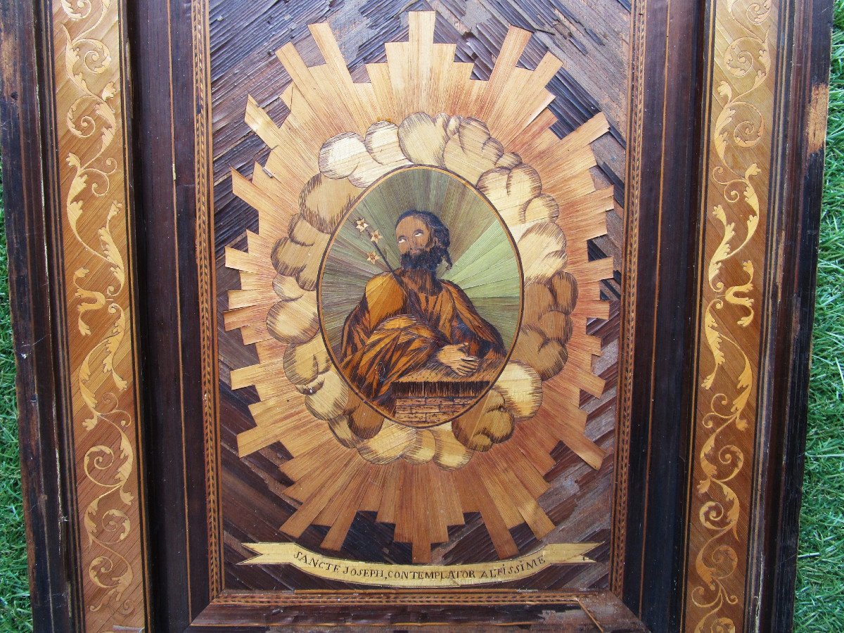 Old Very Beautiful 18th Century Painting In Saint Joseph Straw Marquetry Work By Bagnard Bagne.-photo-2