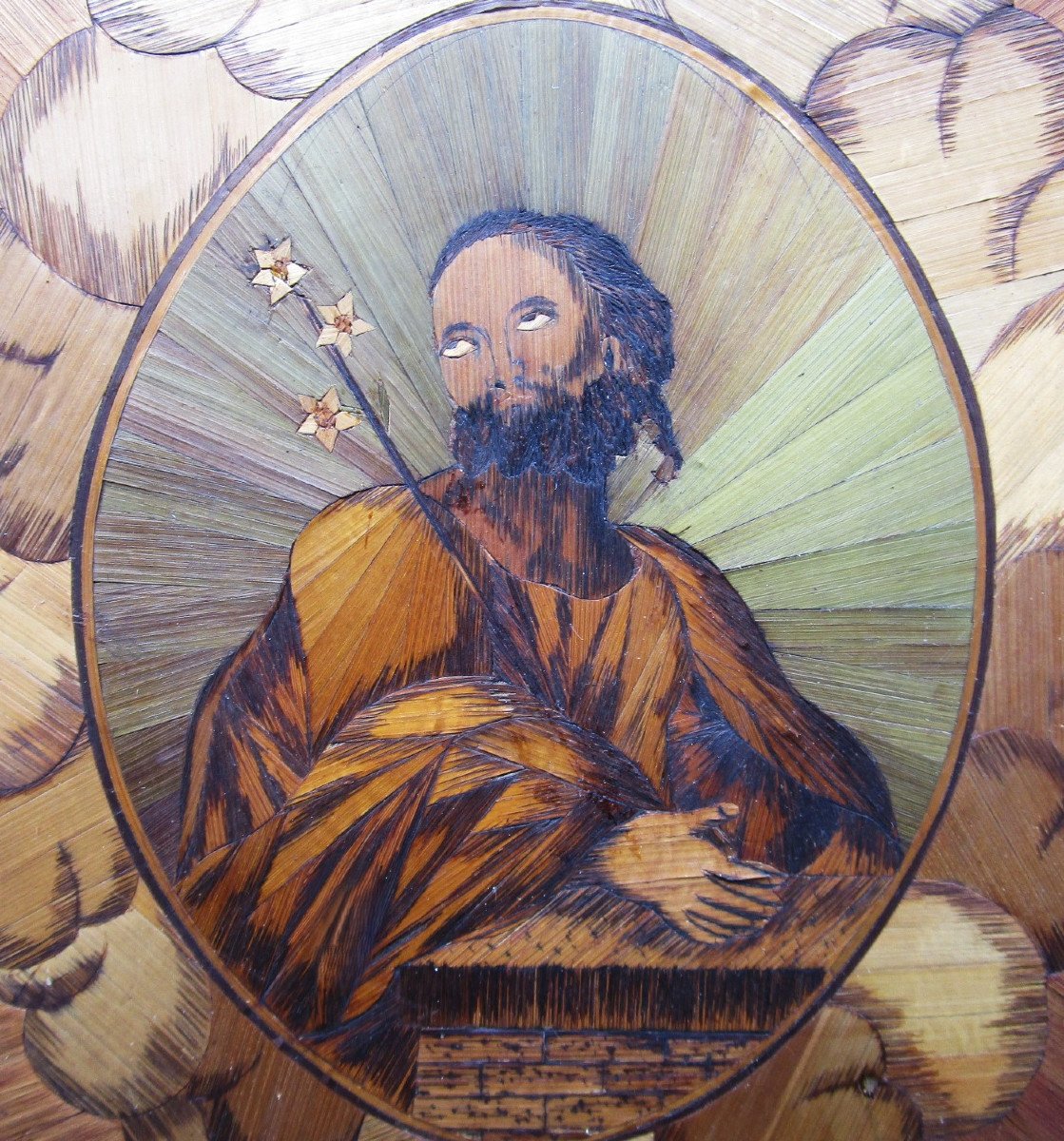 Old Very Beautiful 18th Century Painting In Saint Joseph Straw Marquetry Work By Bagnard Bagne.-photo-4