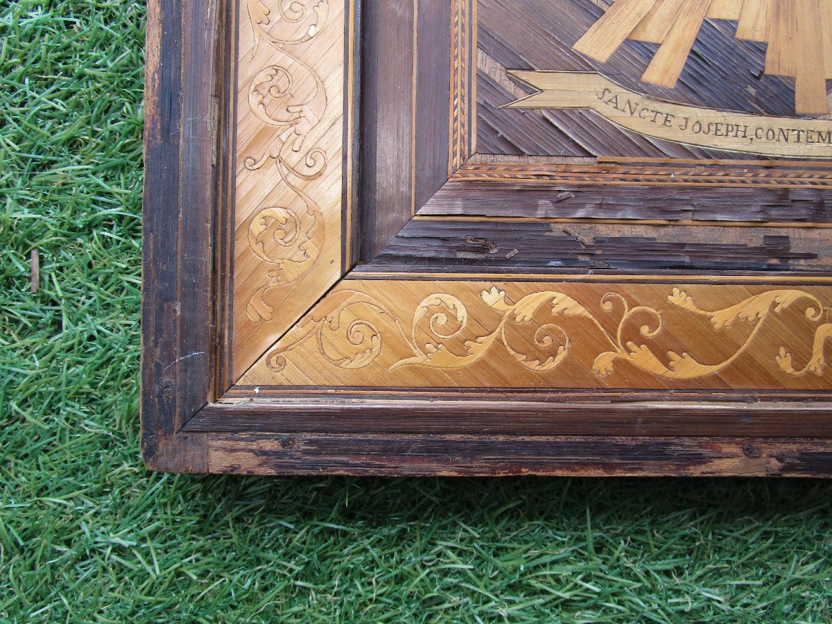 Old Very Beautiful 18th Century Painting In Saint Joseph Straw Marquetry Work By Bagnard Bagne.-photo-2