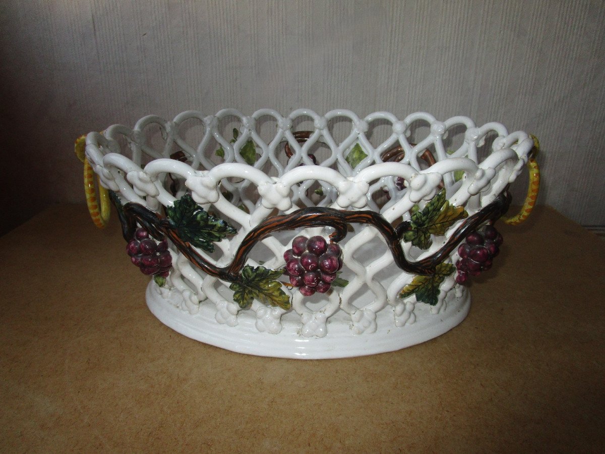Emile Tessier Malicorne, Beautiful Fruit Bowl In Woven Earthenware, Decorated With Vines.-photo-4