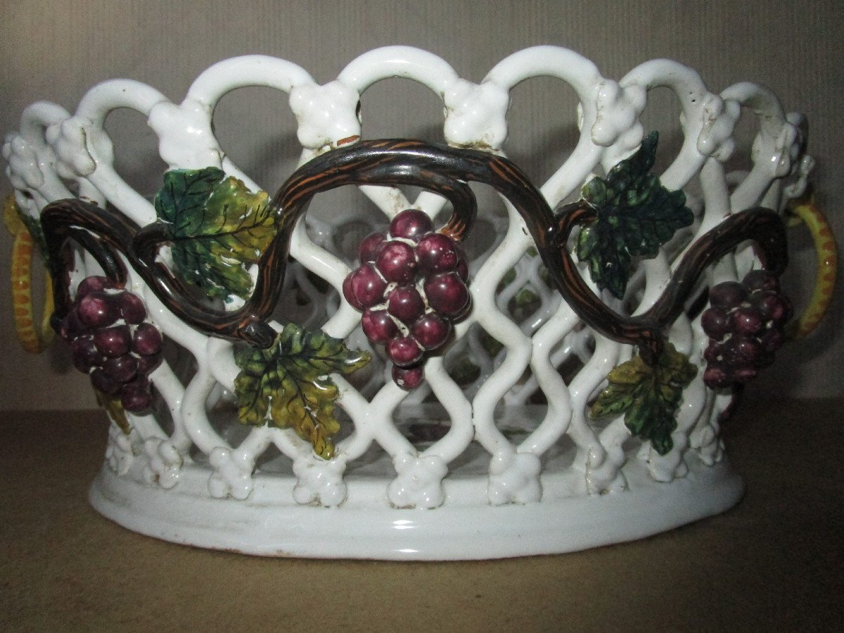 Emile Tessier Malicorne, Beautiful Fruit Bowl In Woven Earthenware, Decorated With Vines.-photo-2