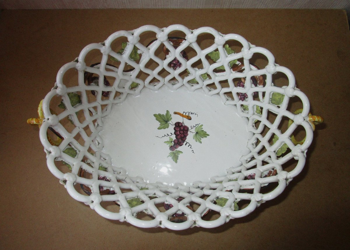 Emile Tessier Malicorne, Beautiful Fruit Bowl In Woven Earthenware, Decorated With Vines.-photo-3