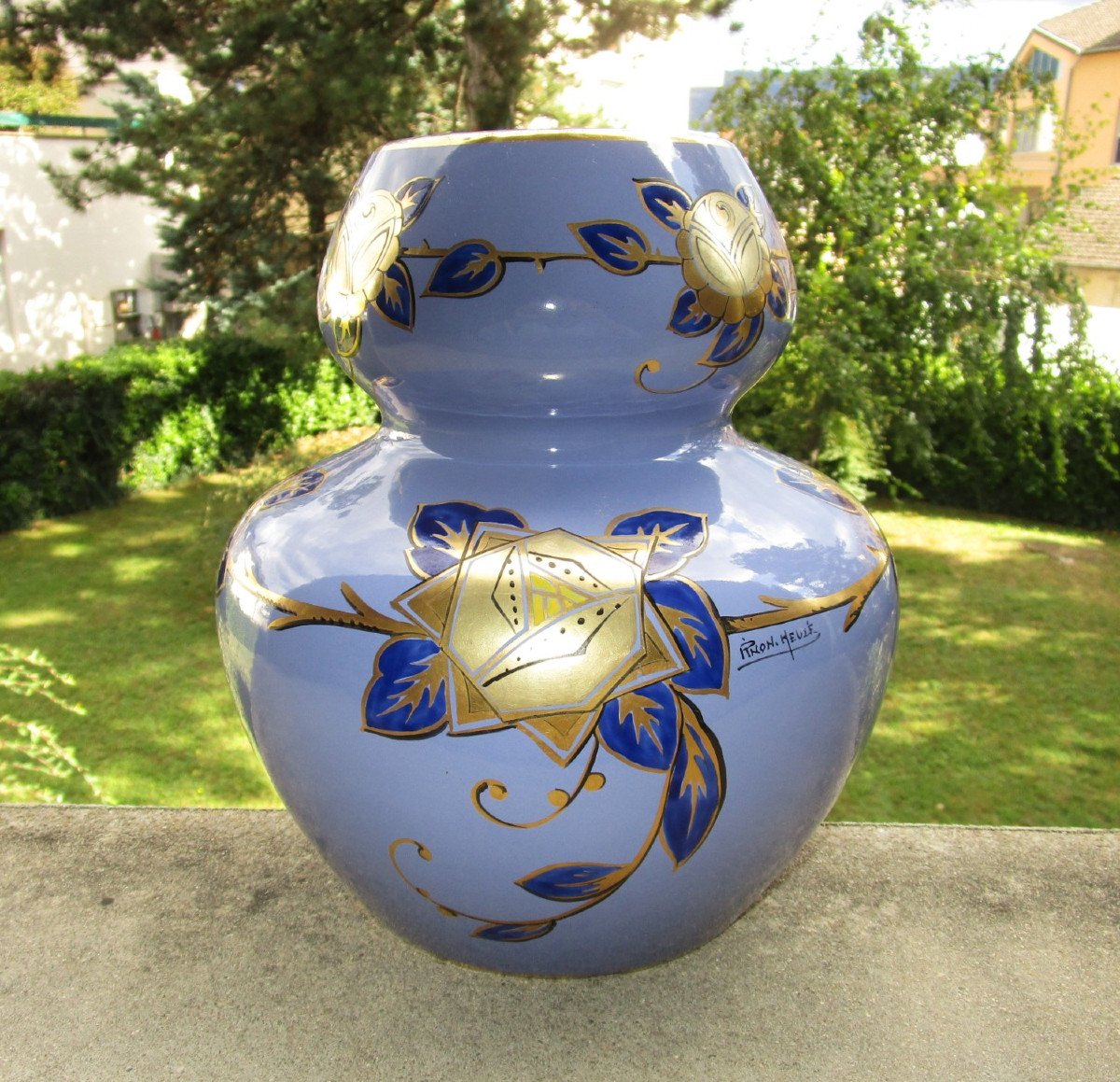 Pinon Heuzé Vase émaillé Art Déco Signé En Faïence De Tours Forme Coloquinte Vers 1925.-photo-4