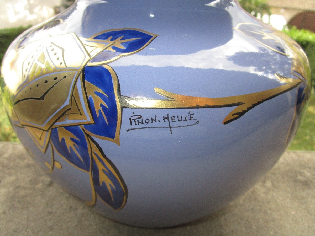 Pinon Heuzé Vase émaillé Art Déco Signé En Faïence De Tours Forme Coloquinte Vers 1925.-photo-2