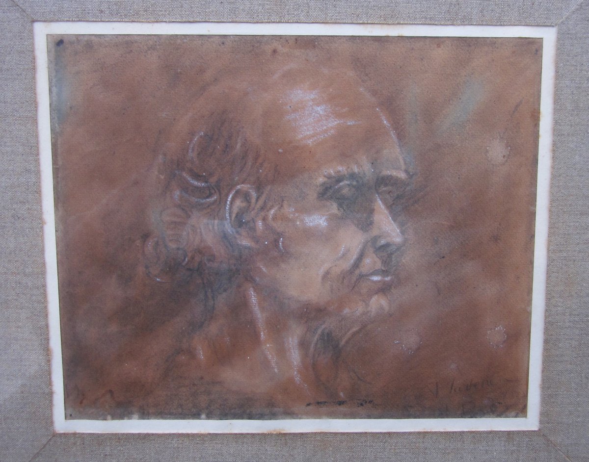 Beau Dessin Au Crayon XVIIIe Ou XIXe Encadré Sous Vitre Tête d'Homme Signature à Identifier.-photo-2