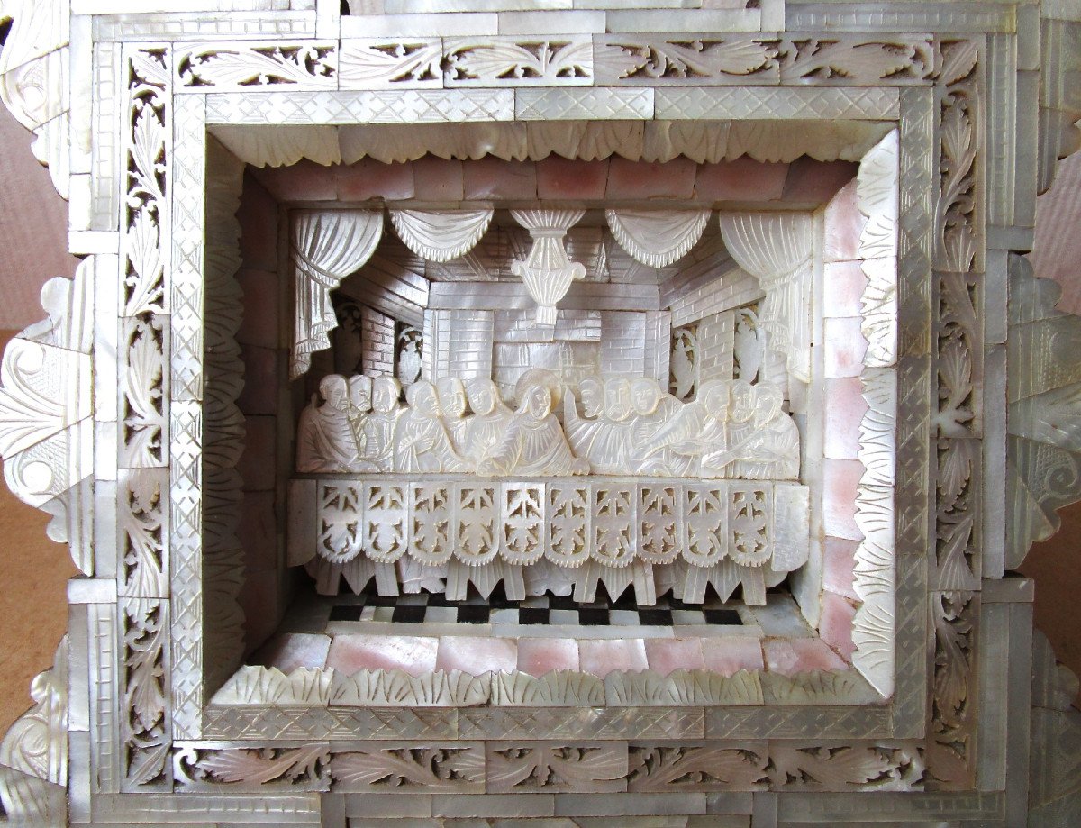 Diorama En Marqueterie De Nacre Sculptée Gravée ajourée, La Cène Nativité  Noël crèche-photo-3