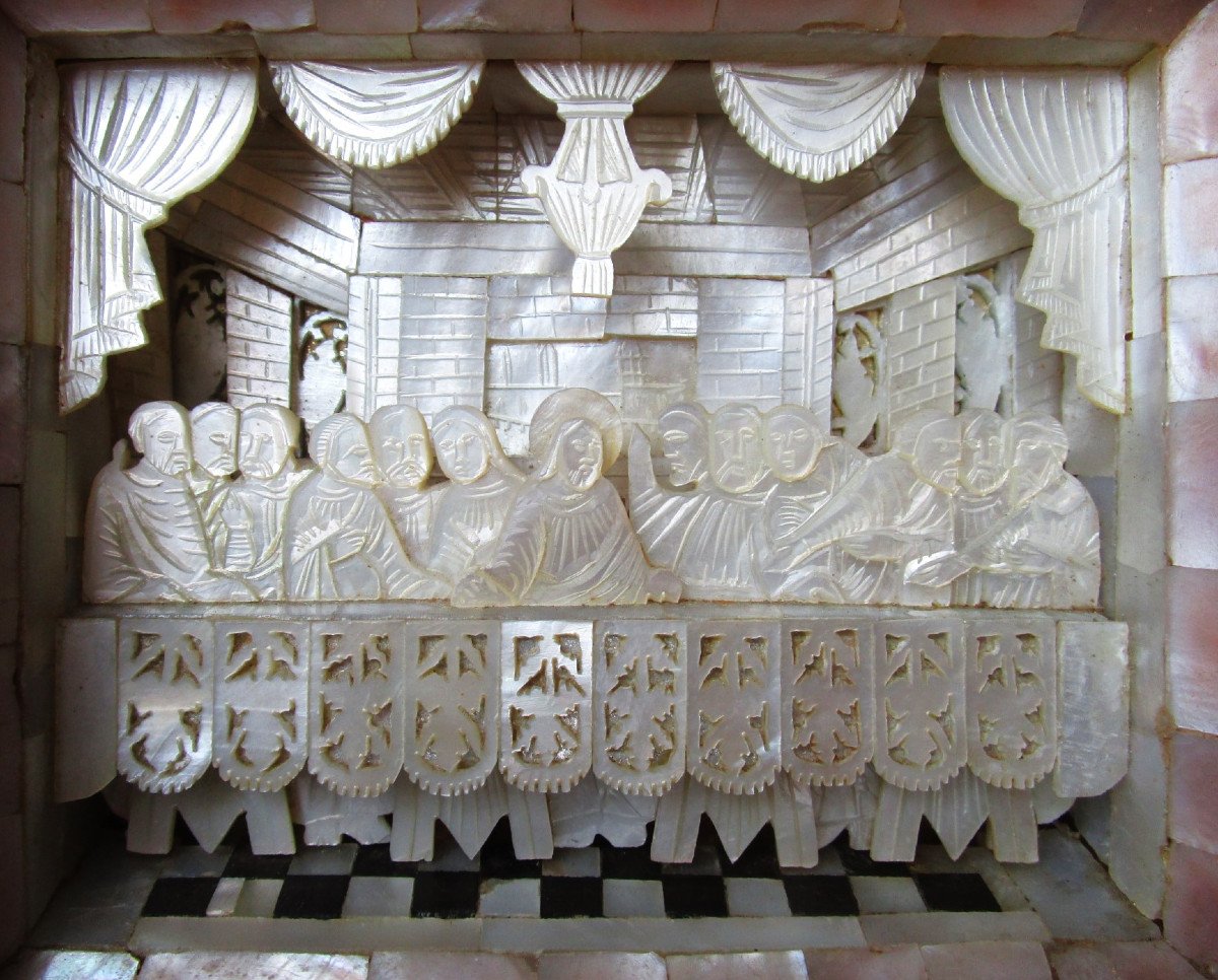 Diorama En Marqueterie De Nacre Sculptée Gravée ajourée, La Cène Nativité  Noël crèche-photo-4
