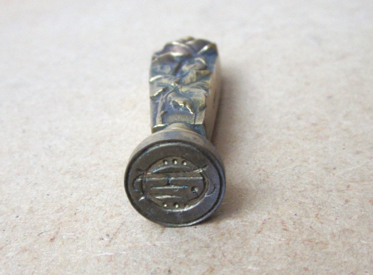 Antique Bronze Sealing Stamp With Rose Decor Signed L. Rigot Initials Eo Art Nouveau Stamp.-photo-2