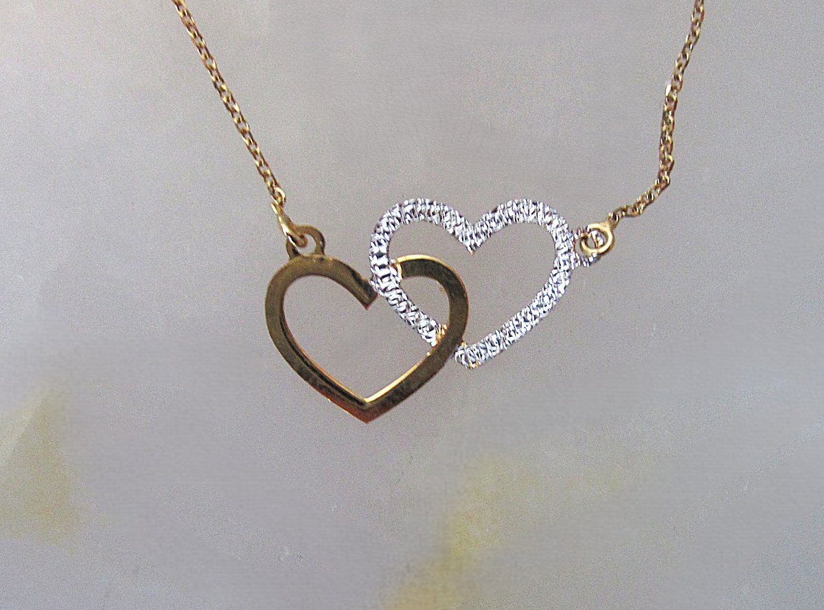 Très Belle Chaîne Fine En Or Massif 9 Carats, Collier Ras De Cou Deux Coeurs. 0,87 Grammes.
