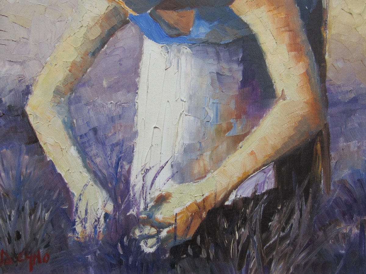 André Deymonaz, Huile Sur Toile Signée, Femme Dans La Lavande En Provence, Tableau Provençal.-photo-1