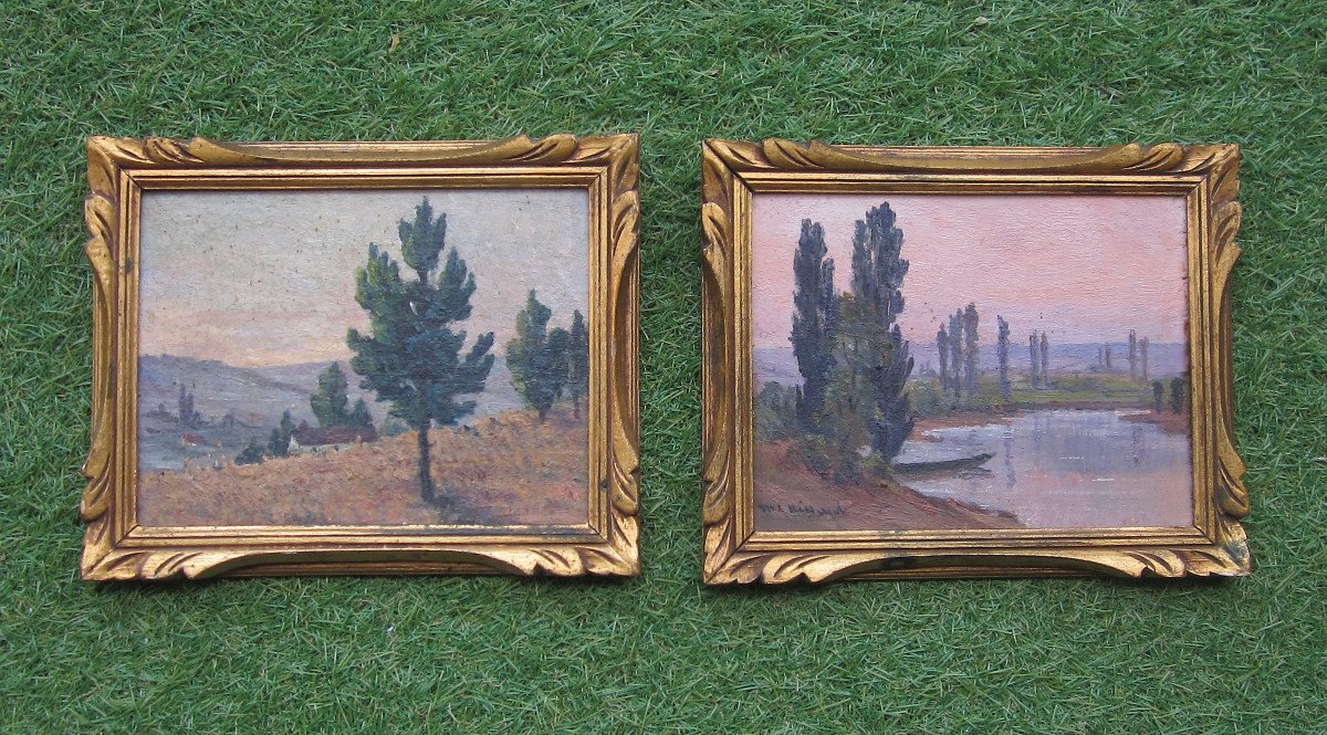 Beautiful Pair Of Small Oils On Cardboard Circa 1920, Signature To Identify, Landscape Paintings.