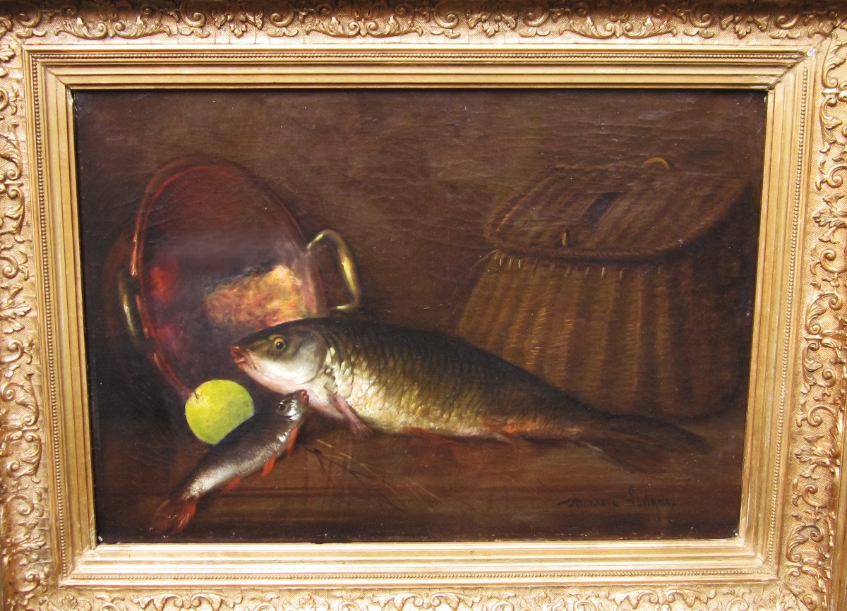Théodore Lévigne, Grande Huile Sur Toile Signée, Tableau Nature Morte Aux Poissons Carpe Pêche.-photo-2