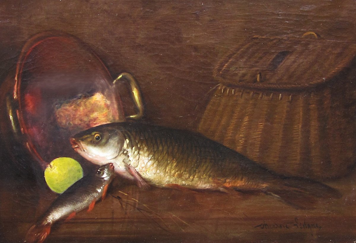 Théodore Lévigne, Grande Huile Sur Toile Signée, Tableau Nature Morte Aux Poissons Carpe Pêche.-photo-3