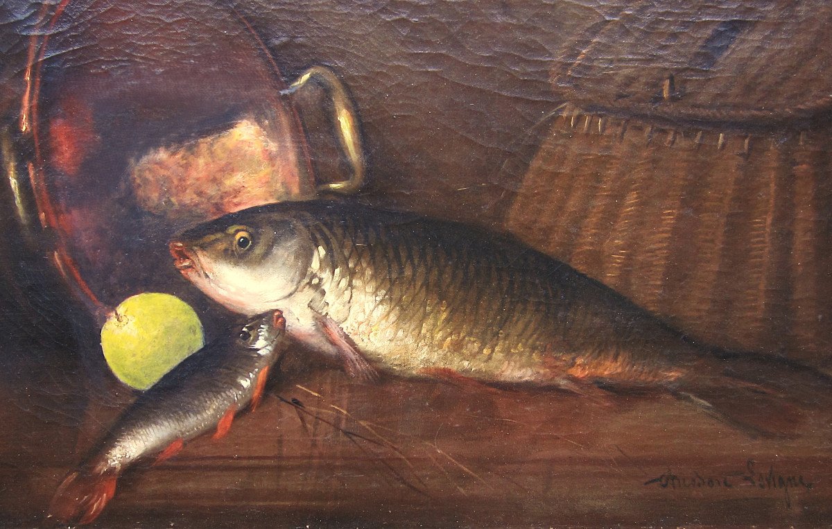 Théodore Lévigne, Grande Huile Sur Toile Signée, Tableau Nature Morte Aux Poissons Carpe Pêche.-photo-4