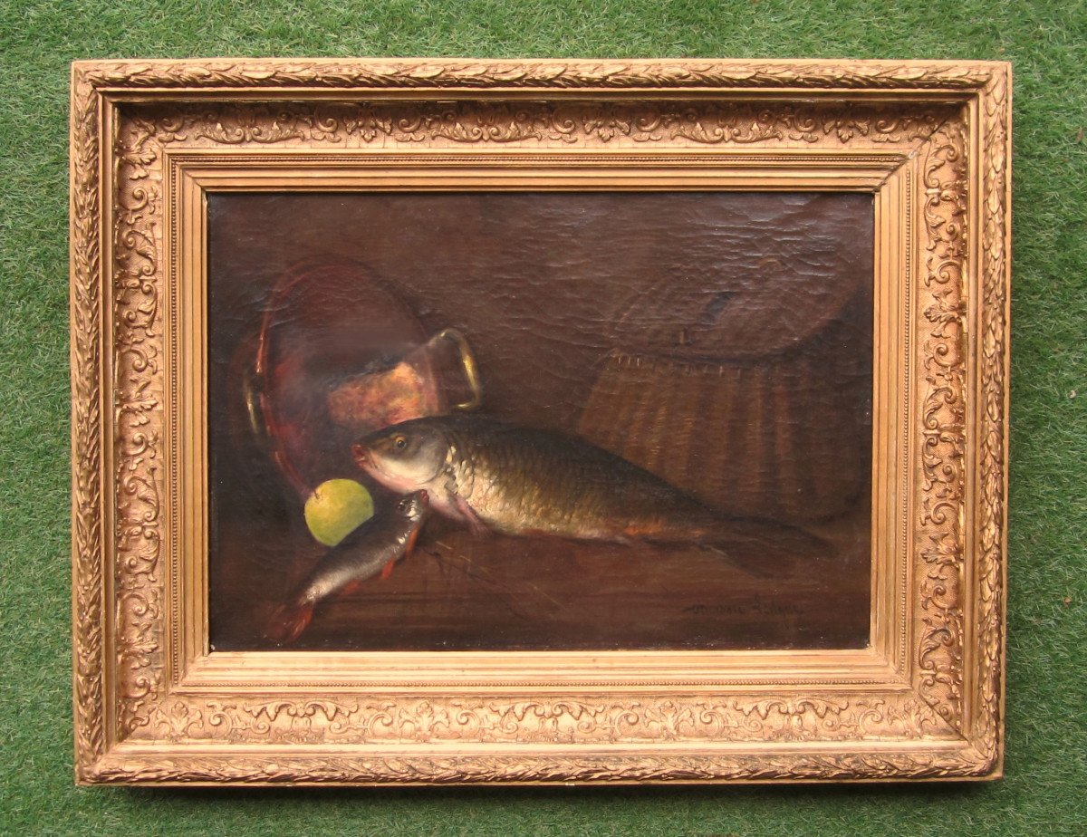 Théodore Lévigne, Grande Huile Sur Toile Signée, Tableau Nature Morte Aux Poissons Carpe Pêche.