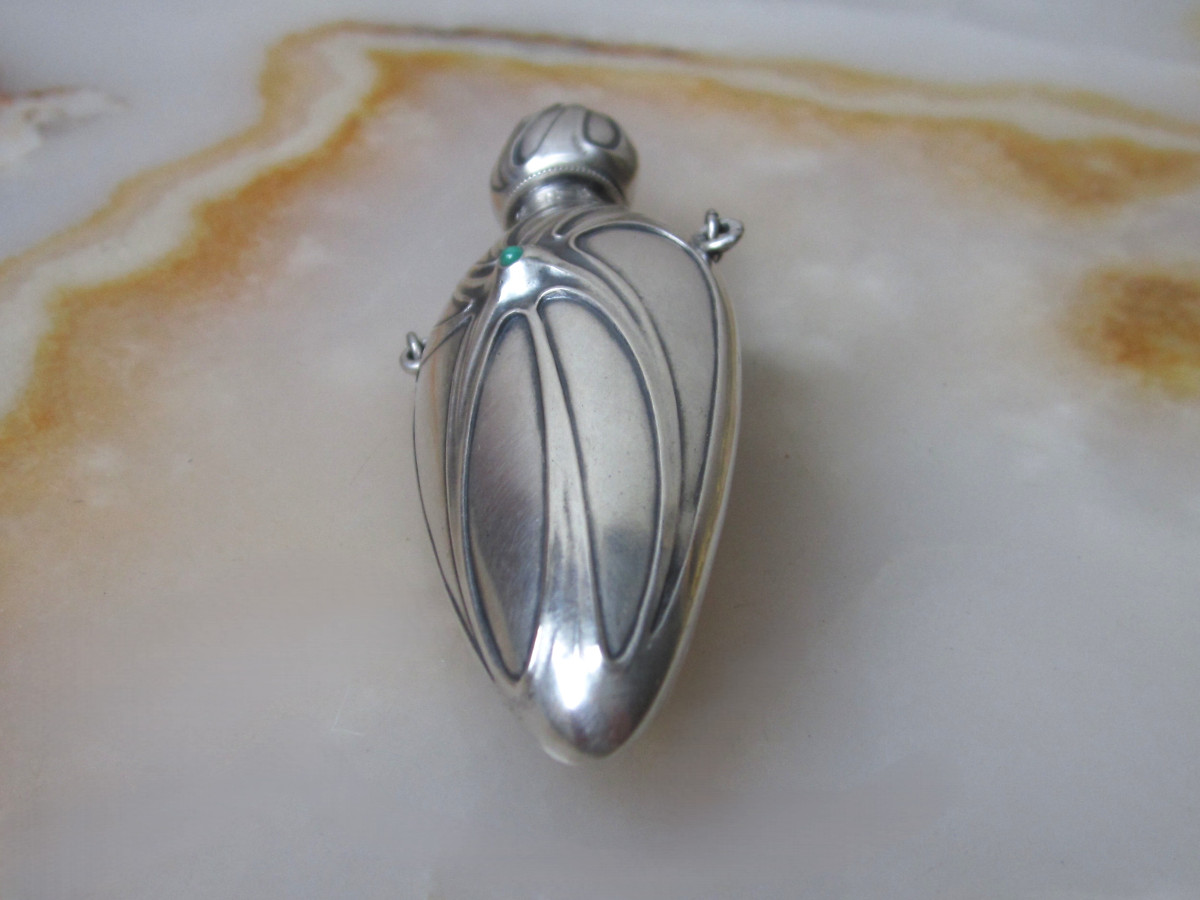 Ancien Flacon &agrave; Sels Ou &agrave; Parfums Vinaigrette Art Nouveau Sign&eacute; Argent Massif Et Turquoise.-photo-4