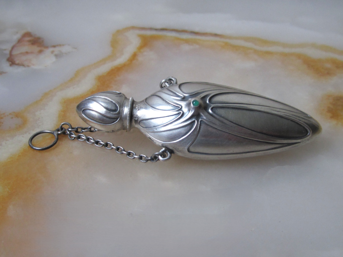 Ancien Flacon &agrave; Sels Ou &agrave; Parfums Vinaigrette Art Nouveau Sign&eacute; Argent Massif Et Turquoise.-photo-3