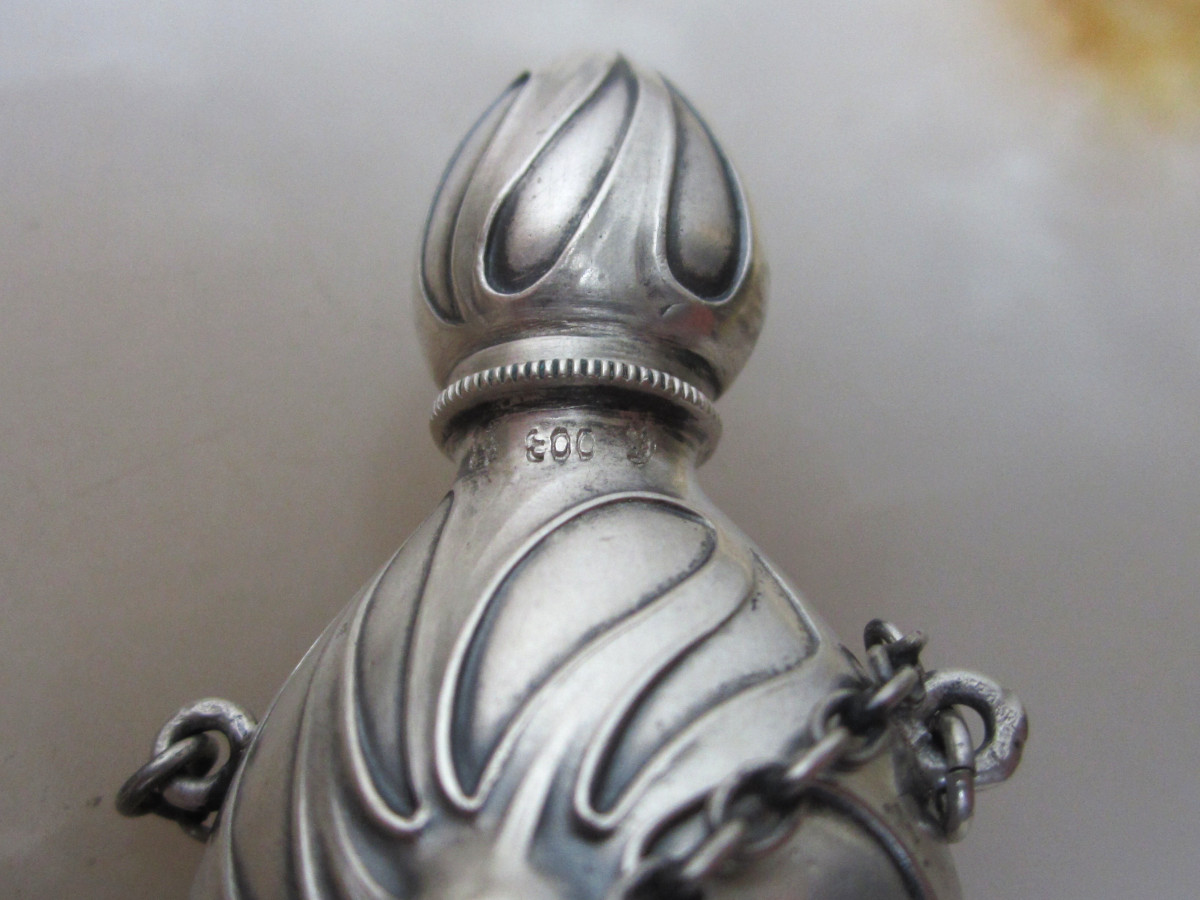 Ancien Flacon &agrave; Sels Ou &agrave; Parfums Vinaigrette Art Nouveau Sign&eacute; Argent Massif Et Turquoise.-photo-6