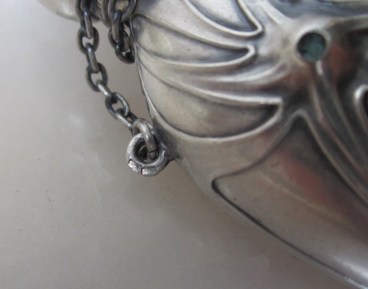 Ancien Flacon &agrave; Sels Ou &agrave; Parfums Vinaigrette Art Nouveau Sign&eacute; Argent Massif Et Turquoise.-photo-7