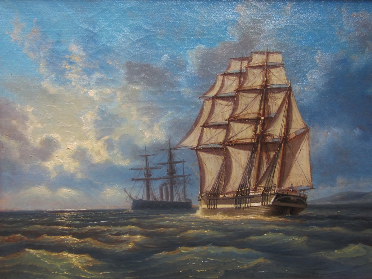 Huile Sur Toile Marine Beau Tableau XIXe Voilier Bateau De Pêche Non Signé. Bretagne Normandie.-photo-3