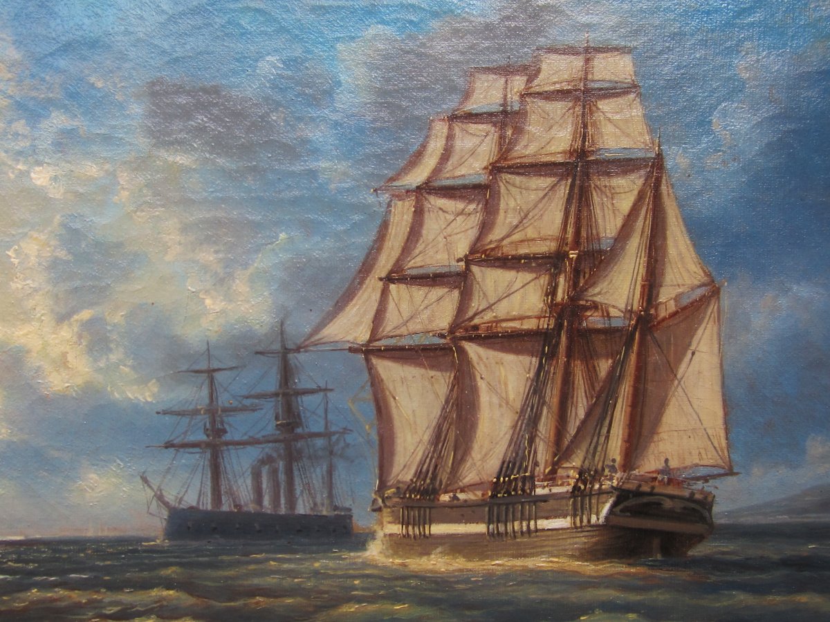 Huile Sur Toile Marine Beau Tableau XIXe Voilier Bateau De Pêche Non Signé. Bretagne Normandie.-photo-4