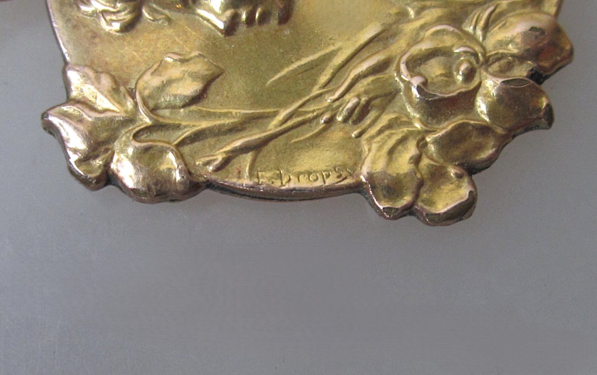 Belle M&eacute;daille En Plaqu&eacute; Or Pendentif Art Nouveau Femme Fleurs Iris Sign&eacute; Lucien-&eacute;mile Dropsy-photo-3