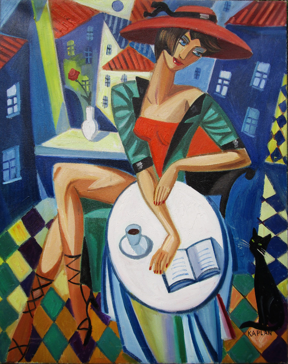 Isaac Kaplan, Huile Sur Toile Signée, Tableau Vendu Sans Cadre. Jeune femme à la pause café.-photo-2