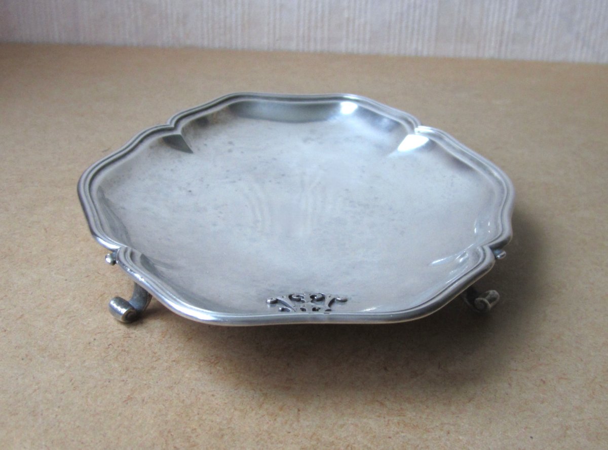 Petit Plateau Sur Pieds En Argent Massif Monogramme Initiales Af Ou Fa. Poids :  315 Grammes-photo-2