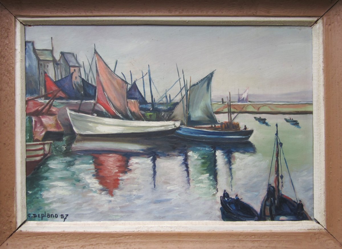 The Port Of Douarnenez In 1957, Oil, Marine Signed Deplano, Breton Painting, Brittany, Tréboul.-photo-2