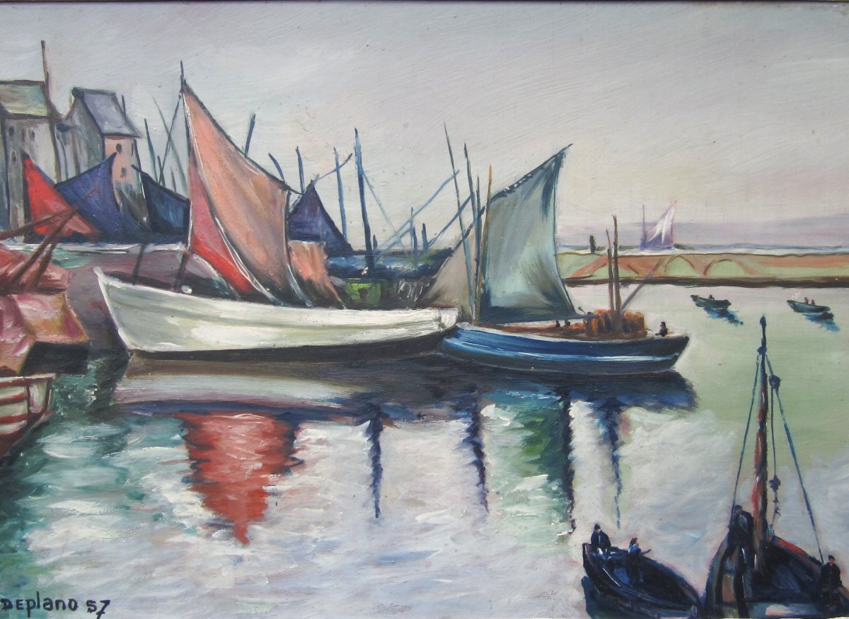 The Port Of Douarnenez In 1957, Oil, Marine Signed Deplano, Breton Painting, Brittany, Tréboul.-photo-3