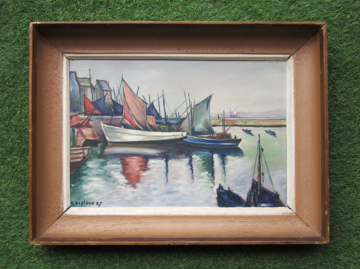 The Port Of Douarnenez In 1957, Oil, Marine Signed Deplano, Breton Painting, Brittany, Tréboul.