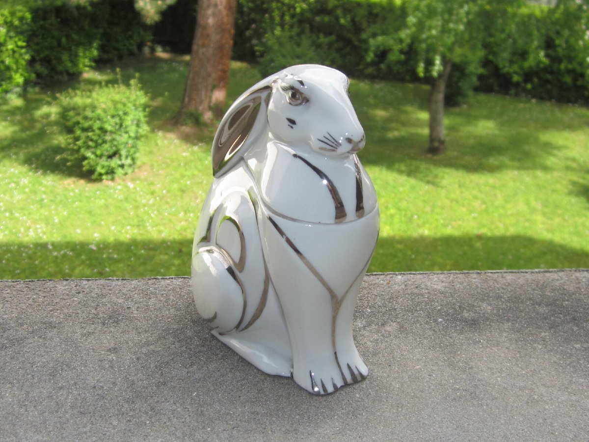 Ancienne Belle Bo&icirc;te Ou Bonbonni&egrave;re Art D&eacute;co 1930 En Porcelaine De Limoges Lapin Style Sandoz-photo-3