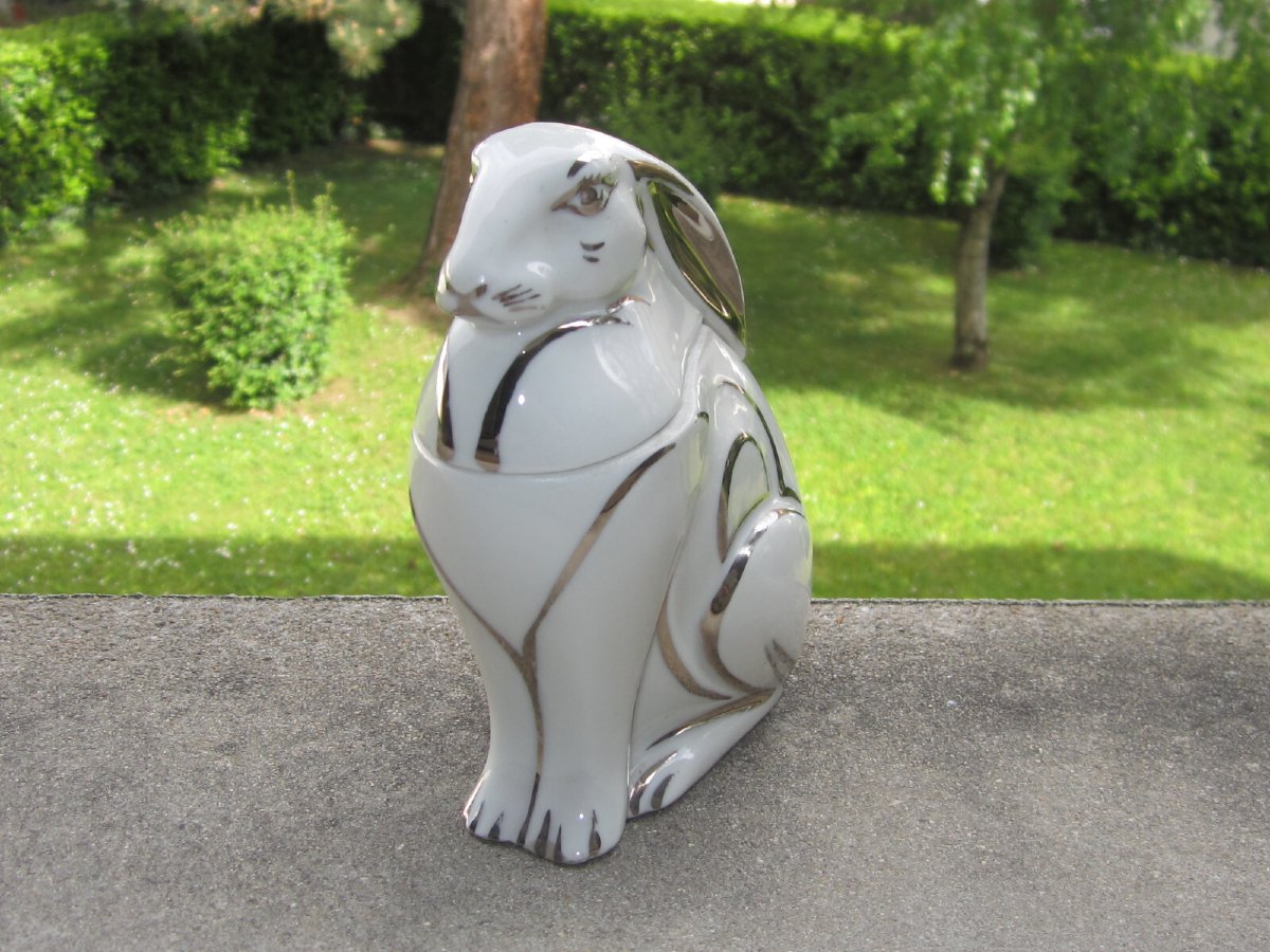 Ancienne Belle Bo&icirc;te Ou Bonbonni&egrave;re Art D&eacute;co 1930 En Porcelaine De Limoges Lapin Style Sandoz-photo-4