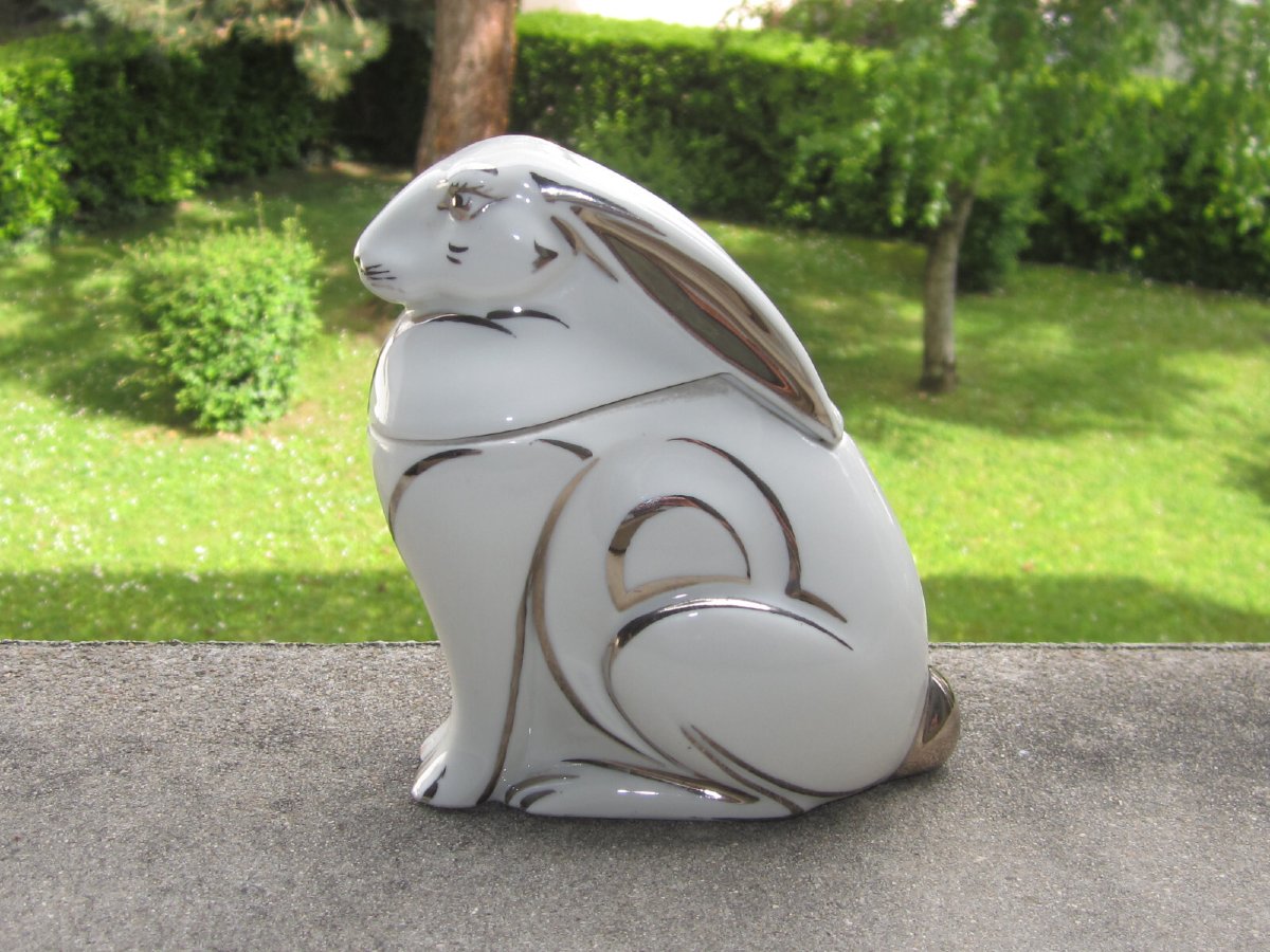 Ancienne Belle Bo&icirc;te Ou Bonbonni&egrave;re Art D&eacute;co 1930 En Porcelaine De Limoges Lapin Style Sandoz-photo-1