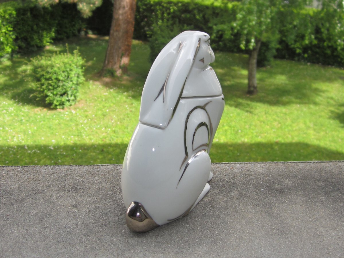 Ancienne Belle Bo&icirc;te Ou Bonbonni&egrave;re Art D&eacute;co 1930 En Porcelaine De Limoges Lapin Style Sandoz-photo-3