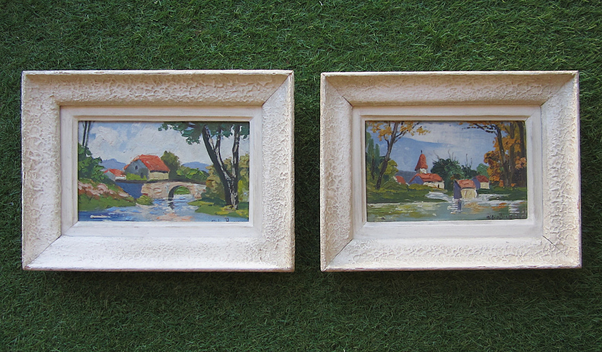 Two Beautiful Small Signed Paintings, Pair Of Bucolic Landscape Oils, Circa 1940, Ready To Be Hung