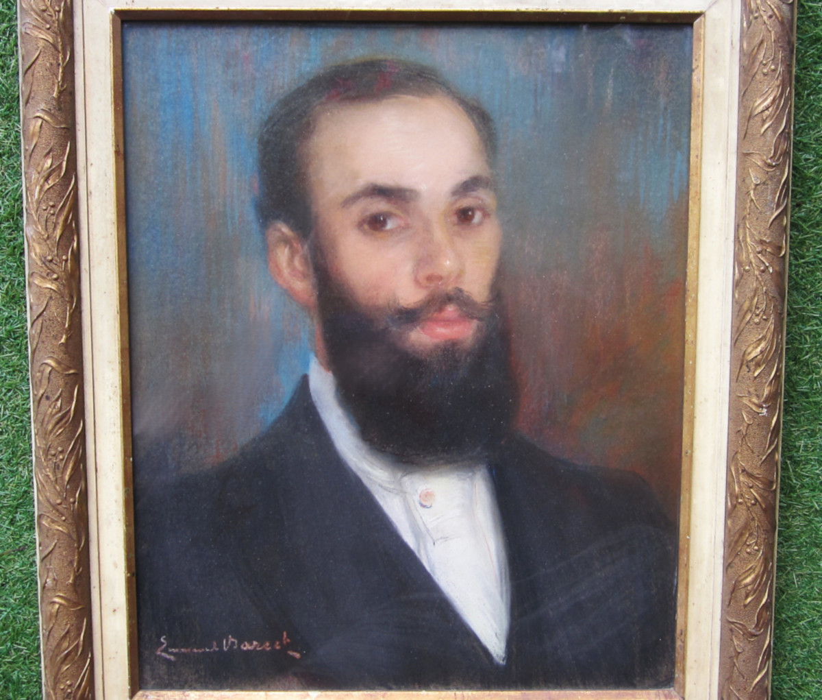 Emmanuel Barcet, Very Beautiful 19th Century Pastel Framed Under Glass, Signed Painting, Portrait Of A Bearded Man-photo-2