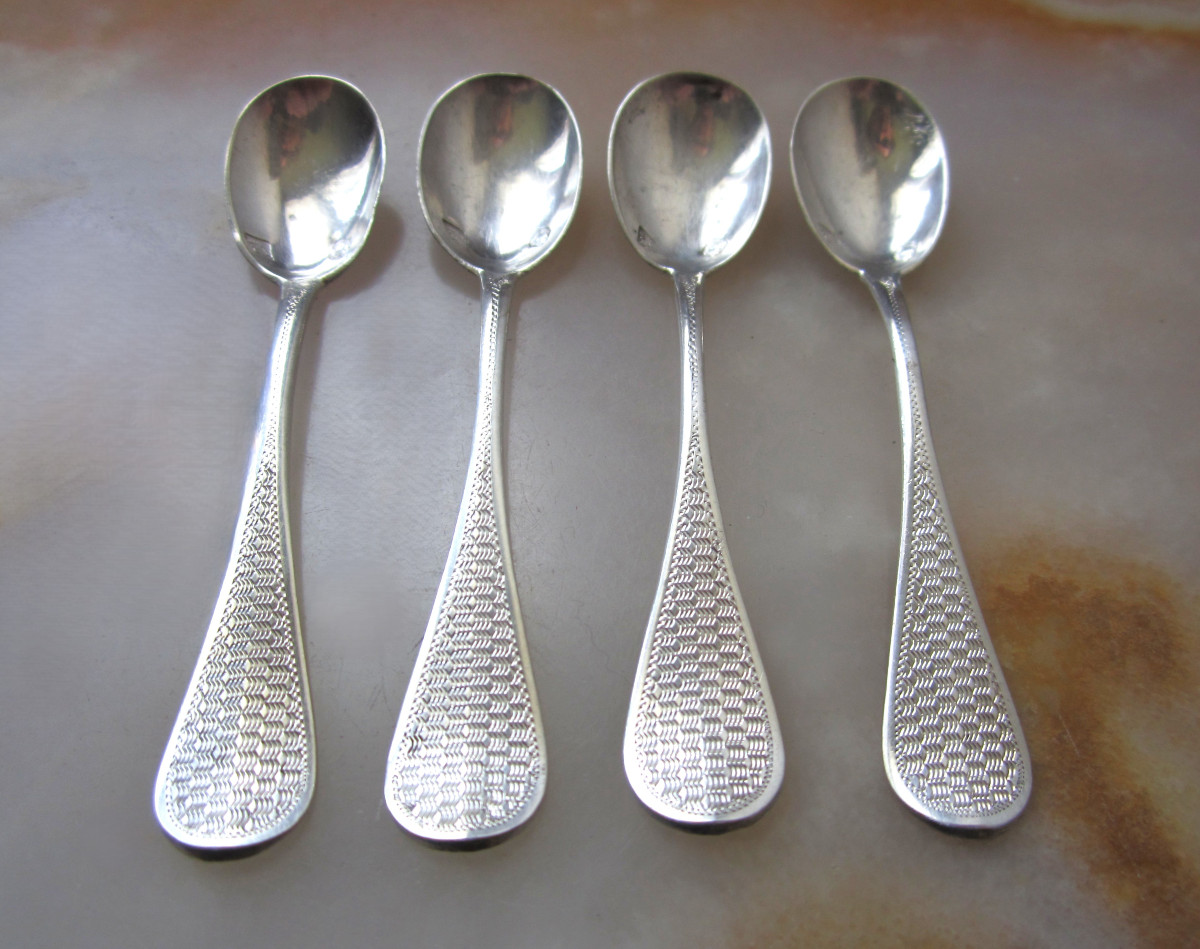 Four Beautiful Small 19th Century Salt Spoons In Solid Silver By Massat Frères For Salt Cellars