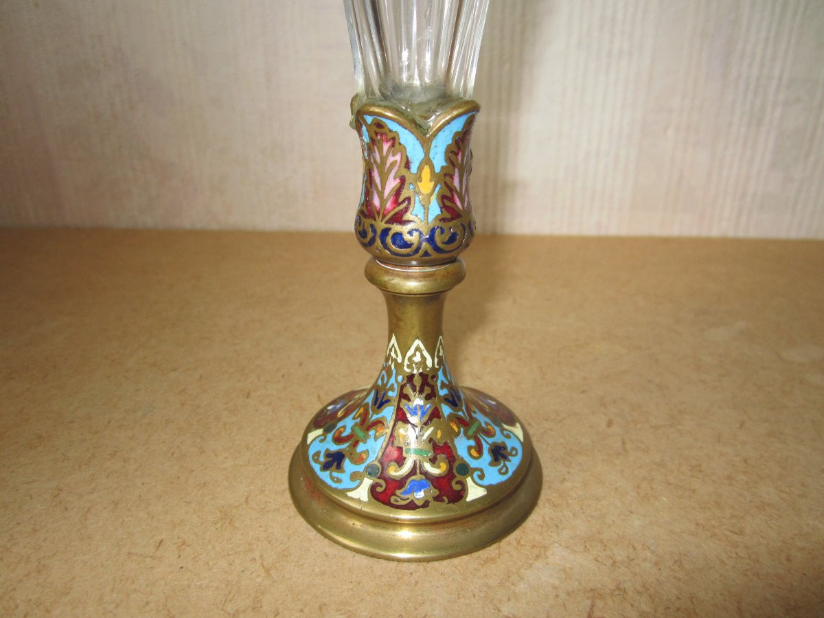 19th Century Crystal Cornet Vase With Cut Sides And Cloisonné Enamel, Height: 19.9 Cm.-photo-3