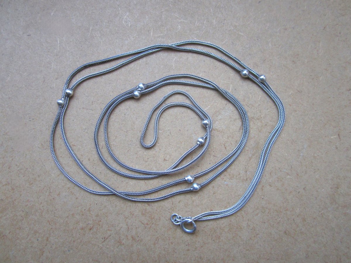 Old Beautiful Large Necklace With Solid Silver Pearls, Length 141.5 Cm.-photo-4